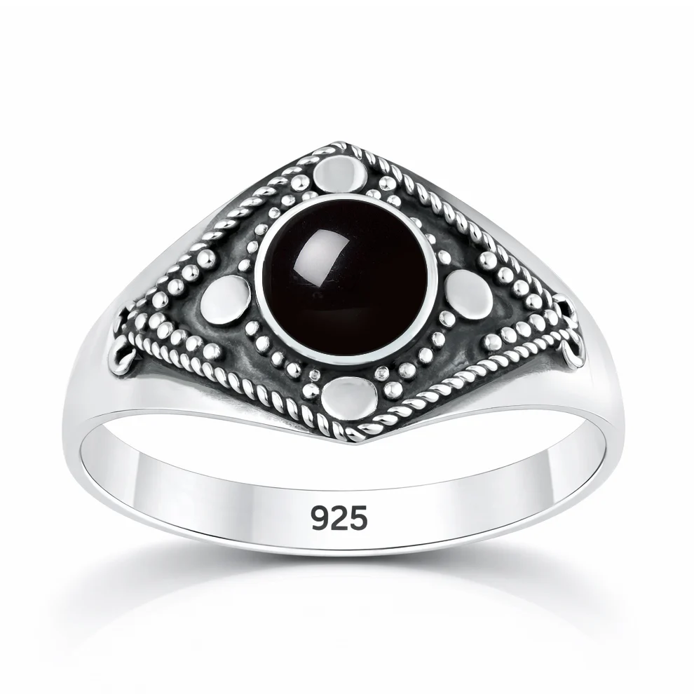 Sterling Silver Oxidized And Polished Round Black Onyx Stone Bali Ring