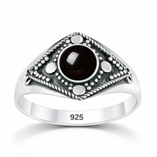 Load image into Gallery viewer, Sterling Silver Oxidized And Polished Round Black Onyx Stone Bali Ring