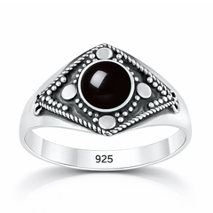 Sterling Silver Oxidized And Polished Round Black Onyx Stone Bali Ring