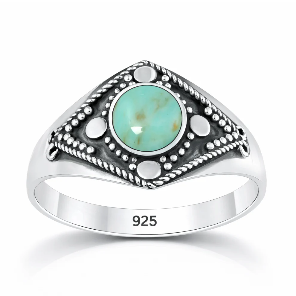 Sterling Silver Oxidized And Polished 12.5mm Round Genuine Turquoise Stone Bali Ring