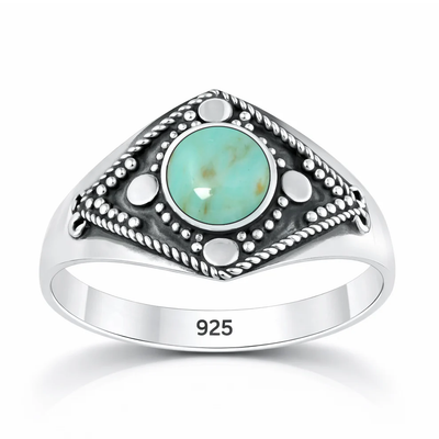 Sterling Silver Oxidized And Polished 12.5mm Round Genuine Turquoise Stone Bali Ring