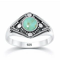 Sterling Silver Oxidized And Polished 12.5mm Round Genuine Turquoise Stone Bali Ring