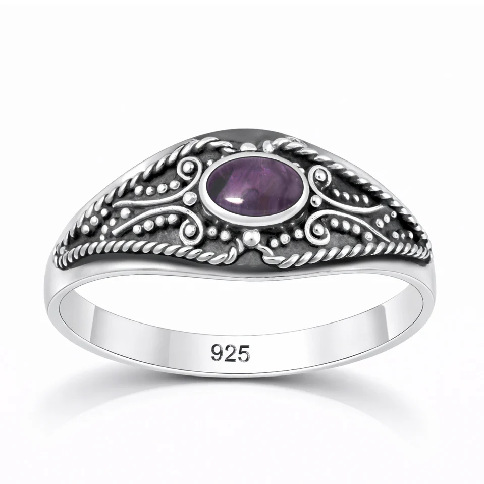 Sterling Silver Oxidized And Polished Amethyst Stone Bali Ring