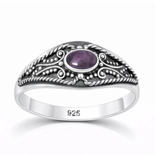 Load image into Gallery viewer, Sterling Silver Oxidized And Polished Amethyst Stone Bali Ring