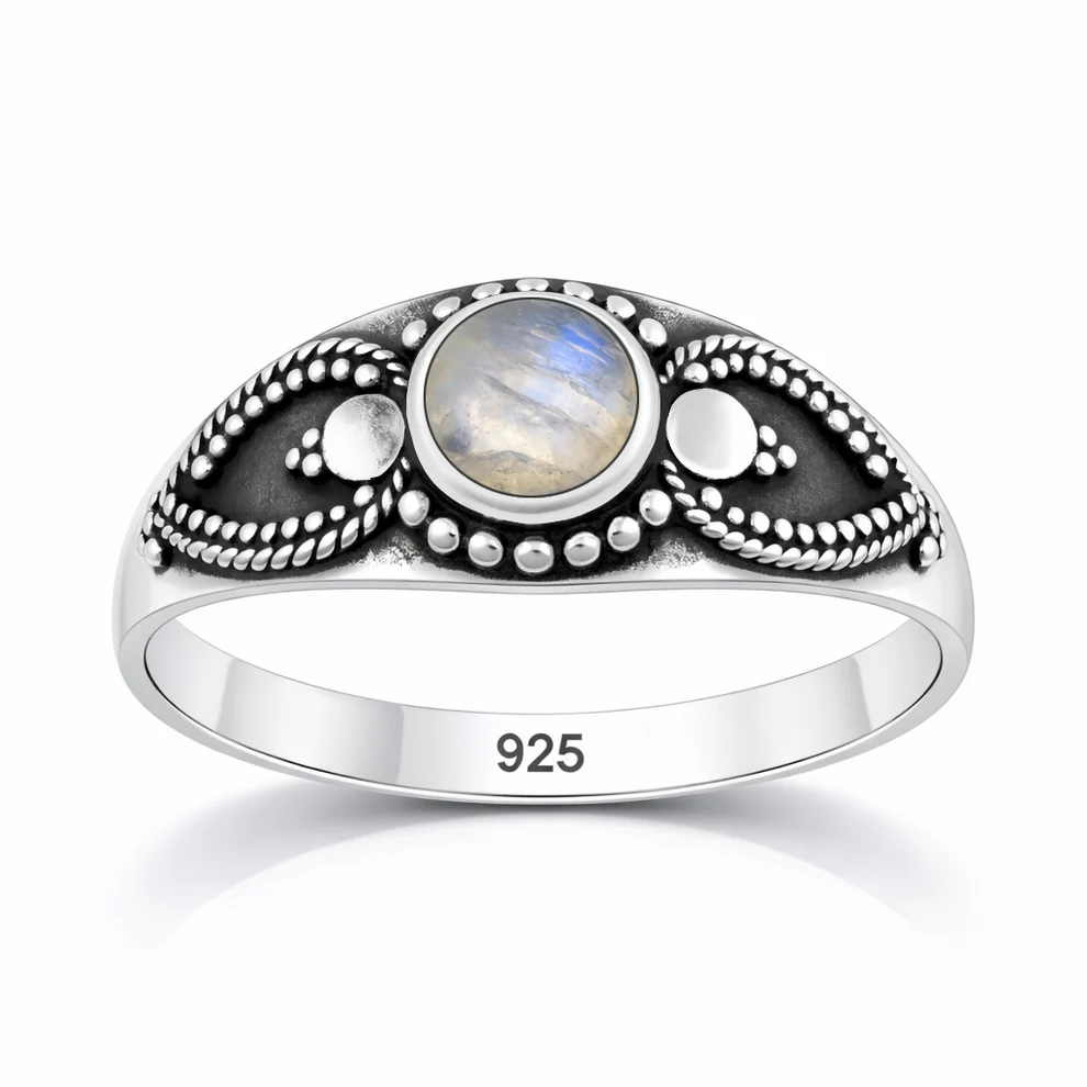 Sterling Silver Oxidized And Polished Moonstone Bali Ring