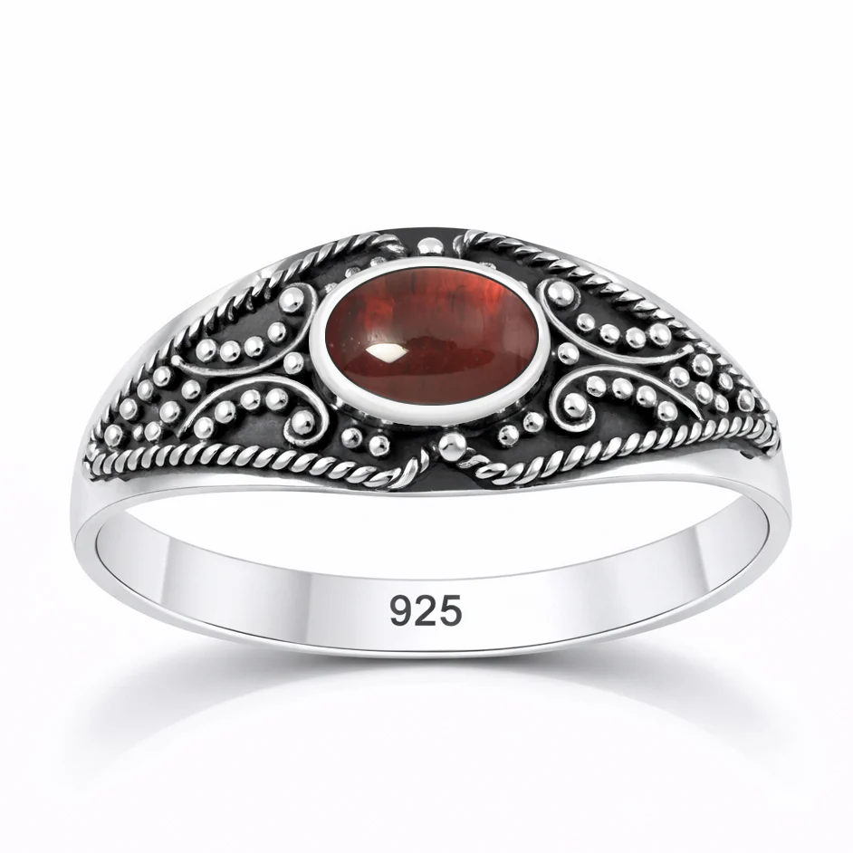 Sterling Silver Oxidized And Polished Garnet Stone Bali Ring