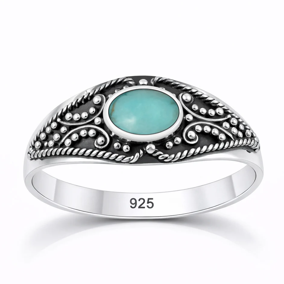 Sterling Silver Oxidized And Polished Genuine Turquoise Stone Bali Ring