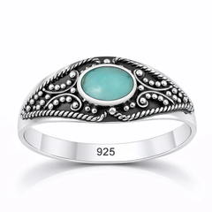 Sterling Silver Oxidized And Polished Genuine Turquoise Stone Bali Ring