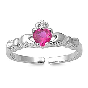 Sterling Silver Claddagh Ruby, Clear CZ Toe Ring