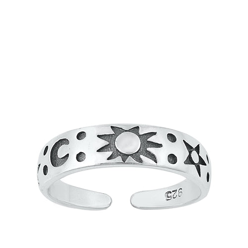 Sterling Silver Oxidized Sun Star And Moon Toe Ring