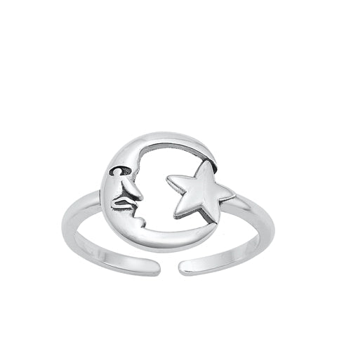 Sterling Silver Oxidized Moon and Star Toe Ring-9.3mm