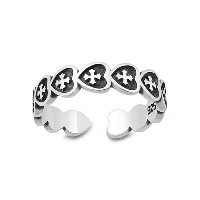 Sterling Silver Oxidized And Polished Heart Cross Toe Ring