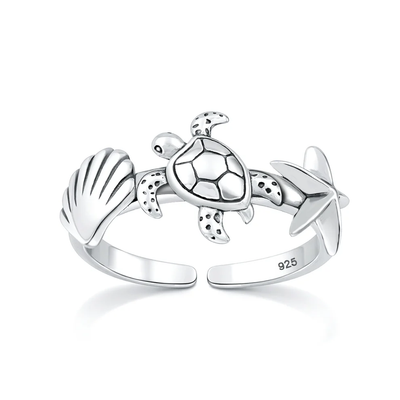 Sterling Silver Oxidized And Polished Sea Animals Toe Ring