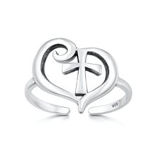 Load image into Gallery viewer, Sterling Silver Oxidized And Polished Heart And Cross Toe Ring