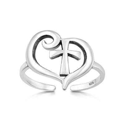 Sterling Silver Oxidized And Polished Heart And Cross Toe Ring
