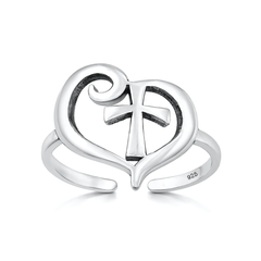 Sterling Silver Oxidized And Polished Heart And Cross Toe Ring