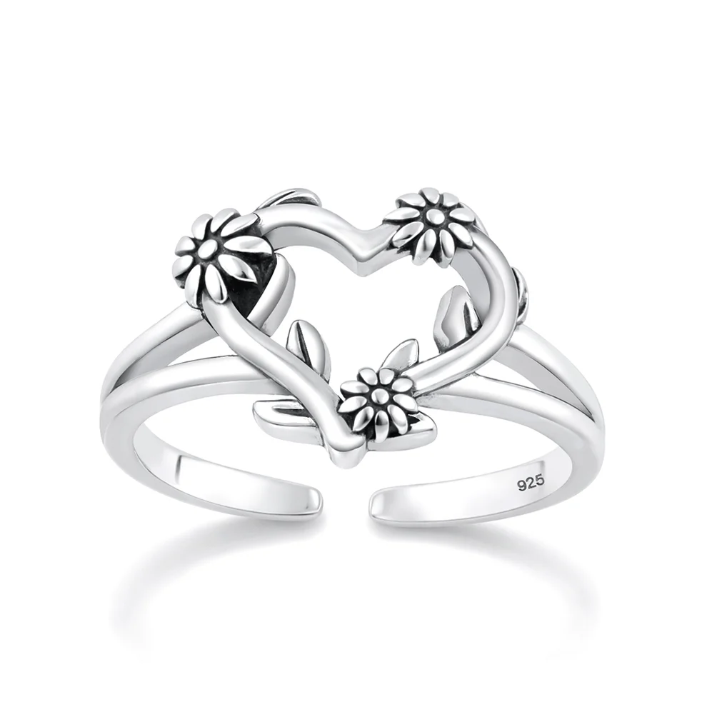 Sterling Silver Oxidized And Polished Heart And Flowers Toe Ring