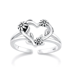 Sterling Silver Oxidized And Polished Heart And Flowers Toe Ring