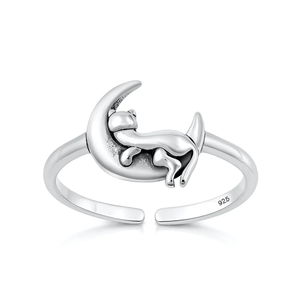 Sterling Silver Oxidized And Polished Cat On Moon Toe Ring