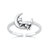 Sterling Silver Oxidized And Polished Cat On Moon Toe Ring
