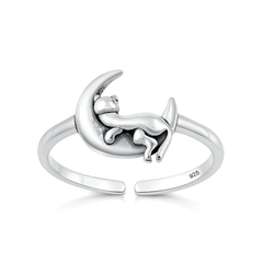Sterling Silver Oxidized And Polished Cat On Moon Toe Ring