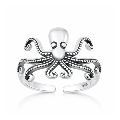 Sterling Silver Oxidized And Polished 11.5mm Octopus Toe Ring