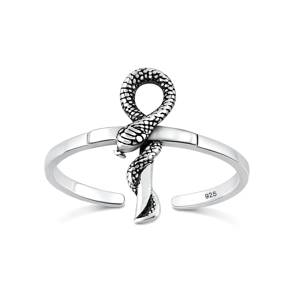 Sterling Silver Oxidized And Polished Snake Ankh Toe Ring