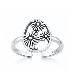 Sterling Silver Oxidized And Polished Flowers Toe Ring