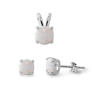 Sterling Silver Round White Lab Opal Simulated Diamonds Stud Earrings And Pendant Set