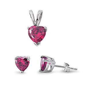 Sterling Silver Ruby CZ Heart Pendant And Earrings Set