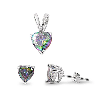 Sterling Silver Rainbow Topaz CZ Heart Pendant And Earrings Set