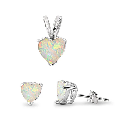 Sterling Silver White Opal Heart Pendant And Earrings Set