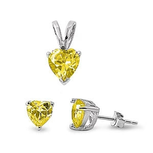Sterling Silver Yellow Topaz CZ Heart Pendant And Earrings Set