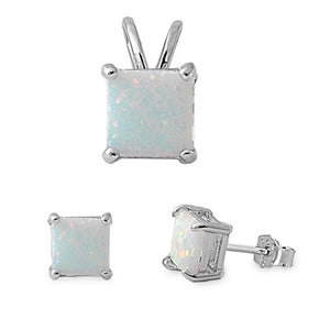 Sterling Silver Princess Cut White Opal Stud Earrings and Pendant Set