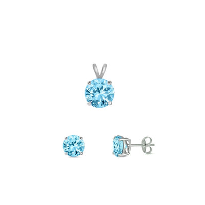 Sterling Silver Rhodium Plated Round Aquamarine Cubic Zirconia Set