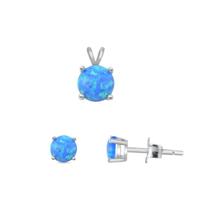 Sterling Silver Rhodium Plated Round Blue Lab Opal Set