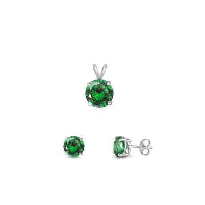 Sterling Silver Rhodium Plated Round Emerald Cubic Zirconia Set
