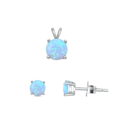 Sterling Silver Rhodium Plated Round Light Blue Lab Opal Set