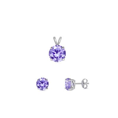 Sterling Silver Rhodium Plated Round Lavender Cubic Zirconia Set