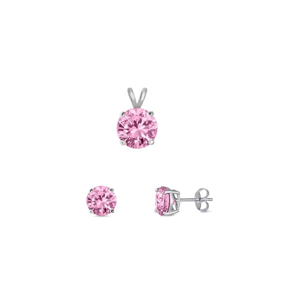 Sterling Silver Rhodium Plated Round Pink Cubic Zirconia Set