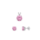Sterling Silver Rhodium Plated Round Pink Cubic Zirconia Set