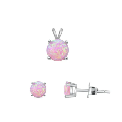 Sterling Silver Rhodium Plated Round Pink Lab Opal Set