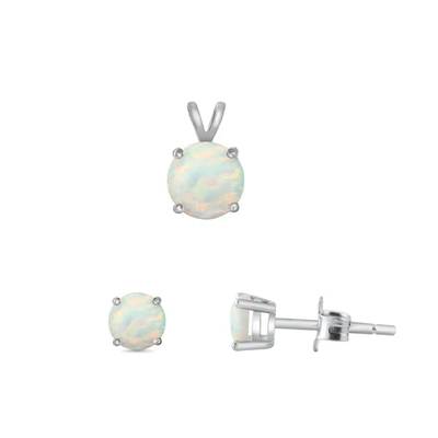 Sterling Silver Rhodium Plated Round White Lab Opal Set