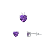 Sterling Silver Rhodium Plated Heart Solitaire Amethyst CZ Set