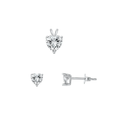 Sterling Silver Rhodium Plated Clear CZ Heart Solitaire Pendant And Earrings Set