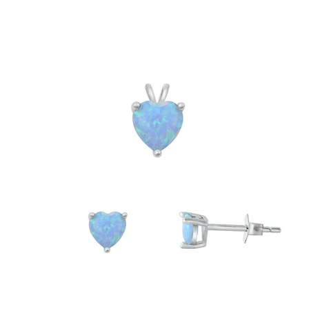 Sterling Silver Rhodium Plated Heart Solitaire Light Blue Lab Opal Set