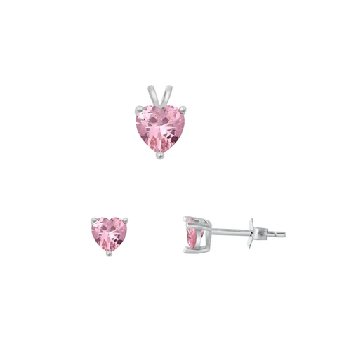 Sterling Silver Rhodium Plated Heart Solitaire Pink CZ Set