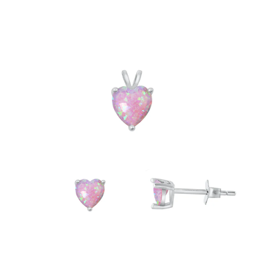 Sterling Silver Rhodium Plated Pink Lab Opal Heart Solitaire Pendant And Earrings Set