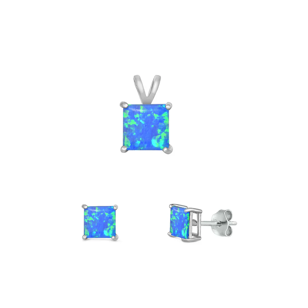 Sterling Silver Rhodium Plated Square Blue Lab Opal Jewelry Set