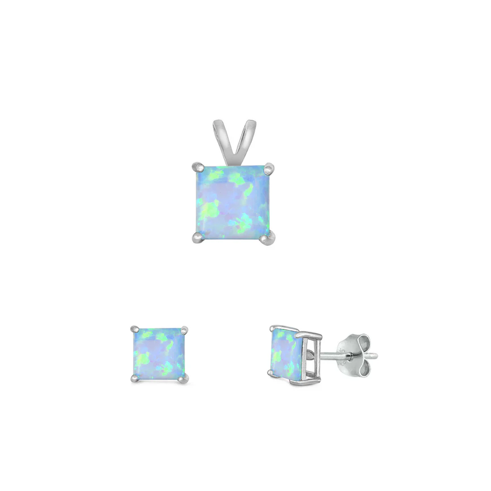 Sterling Silver Rhodium Plated Square Light Blue Lab Opal Jewelry Set